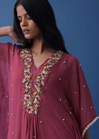 Magenta Pink Indowestern Floral Embroidered Kaftan In Georgette