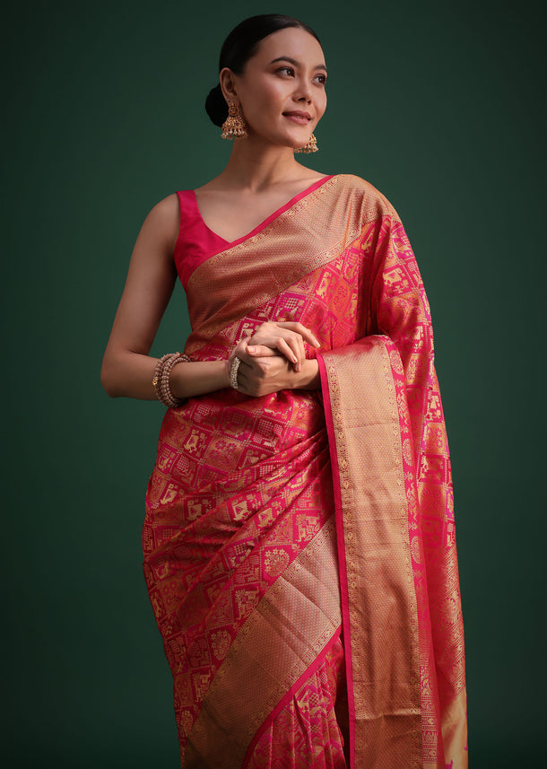 Magenta Pink Patola Silk Saree With Zari Woven Work