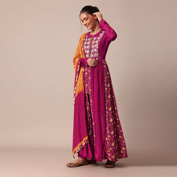 Magenta Pink Printed Embroidery Anarkali Pant Set With Dupatta