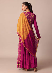Magenta Pink Printed Embroidery Anarkali Pant Set With Dupatta