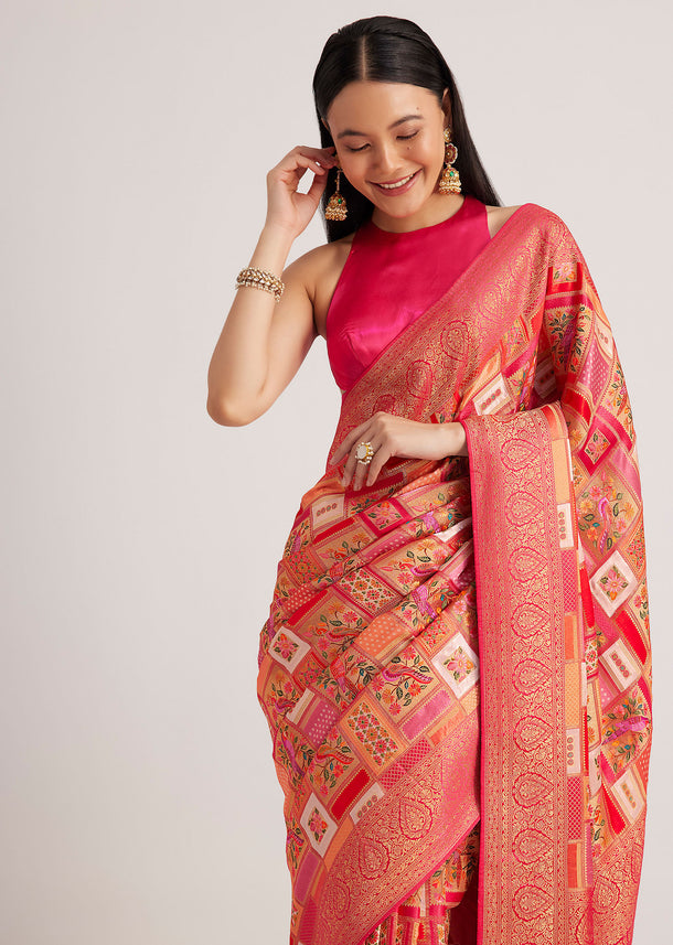 Magenta Pink Satin Silk Saree With Woven Work