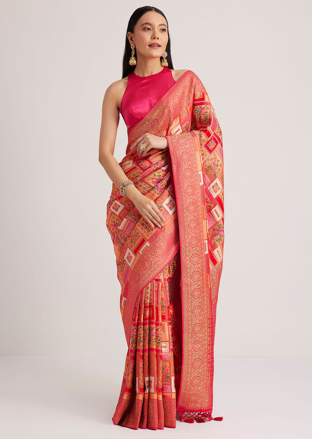 Magenta Pink Satin Silk Saree With Woven Work