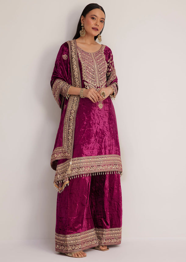 Magenta Pink Velvet Embroidered Palazzo Suit