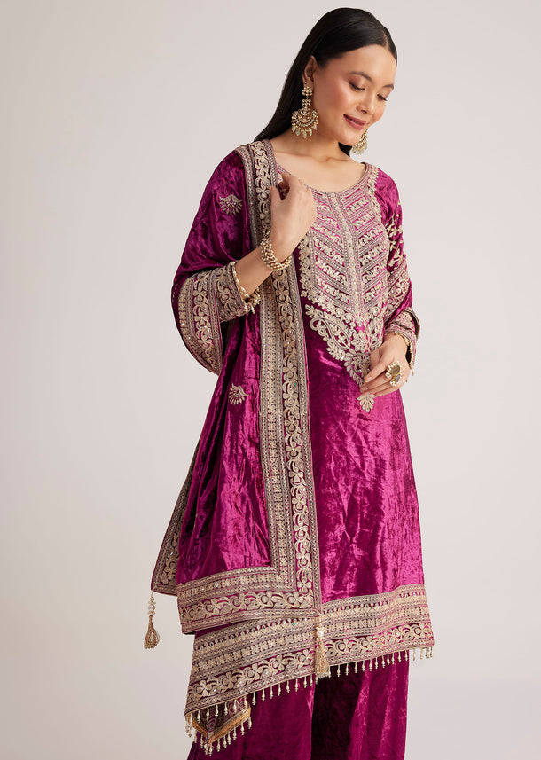 Magenta Pink Velvet Embroidered Palazzo Suit