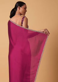 Magenta Red Satin Saree With Sequin Embellished Border And Unstitched Blouse Piece