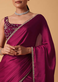 Magenta Red Satin Saree With Sequin Embellished Border And Unstitched Blouse Piece