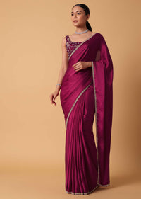 Magenta Red Satin Saree With Sequin Embellished Border And Unstitched Blouse Piece
