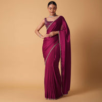 Magenta Red Satin Saree With Sequin Embellished Border And Unstitched Blouse Piece