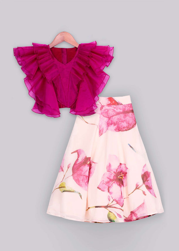 Kalki Girls Magenta ruffle top with peach floral printed lehenga