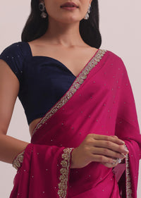 Magenta Satin Saree With Embellished Scallop Border