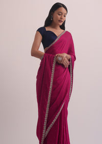 Magenta Satin Saree With Embellished Scallop Border