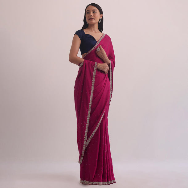 Magenta Satin Saree With Embellished Scallop Border