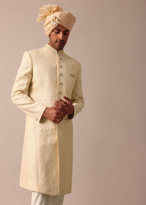 Magnificent Beige Silk Lucknowi Sherwani Set