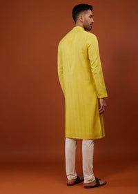 Daffodil Yellow Embroidered Kurta Set With Zari Work In Cotton Silk