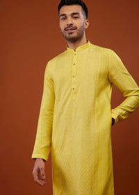 Daffodil Yellow Embroidered Kurta Set With Zari Work In Cotton Silk