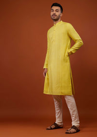 Daffodil Yellow Embroidered Kurta Set With Zari Work In Cotton Silk