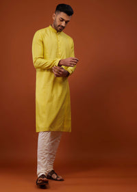 Daffodil Yellow Embroidered Kurta Set With Zari Work In Cotton Silk