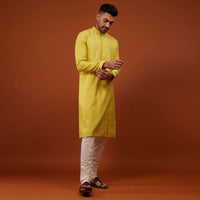 Daffodil Yellow Embroidered Kurta Set With Zari Work In Cotton Silk
