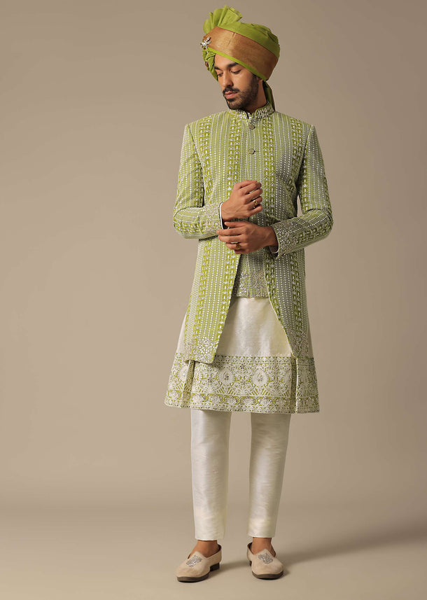 Majestic Green Georgette Sherwani Set