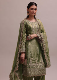 Majestic Green Salwaar Suit Set With Gotta Patti Kurta And Floral Lace Dupatta