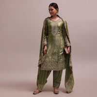 Majestic Green Salwaar Suit Set With Gotta Patti Kurta And Floral Lace Dupatta