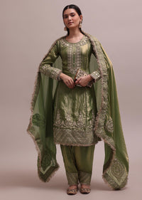 Majestic Green Salwaar Suit Set With Gotta Patti Kurta And Floral Lace Dupatta