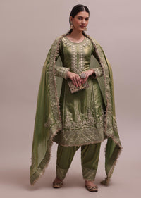 Majestic Green Salwaar Suit Set With Gotta Patti Kurta And Floral Lace Dupatta