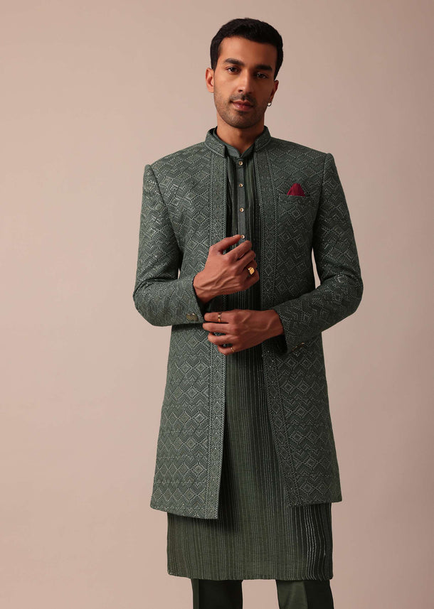 Majestic Green Silk Sherwani Set