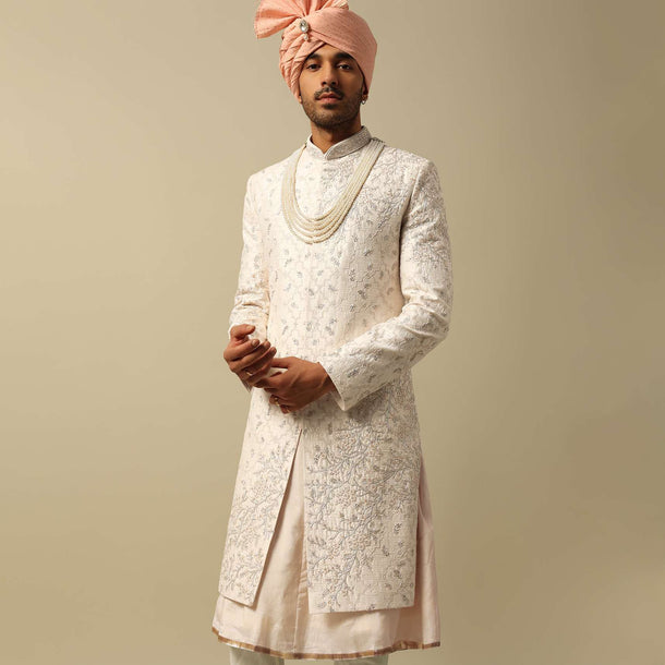 Majestic White Raw Silk Sherwani