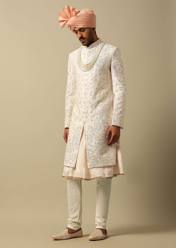 Majestic White Raw Silk Sherwani