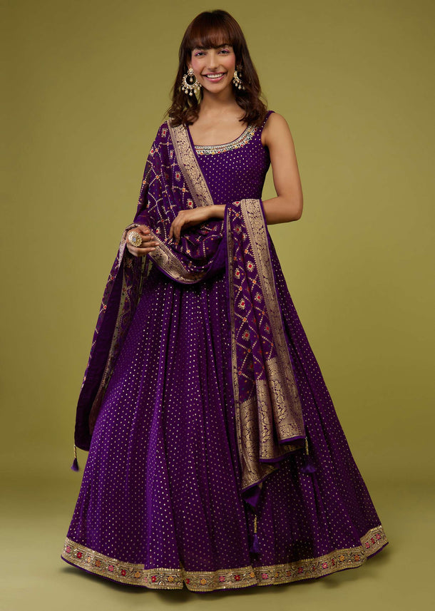 Violet Purple Georgette Anarkali Set With Brocade Dupatta