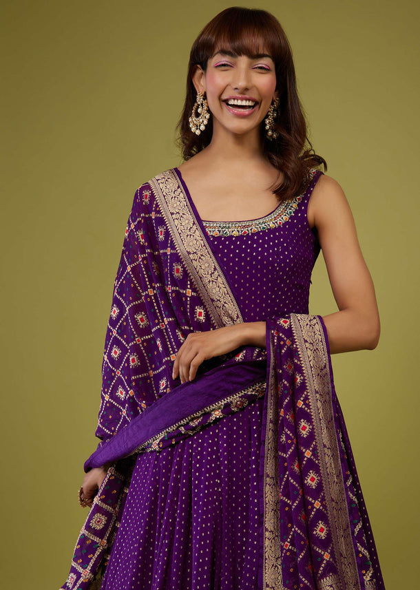 Violet Purple Georgette Anarkali Set With Brocade Dupatta