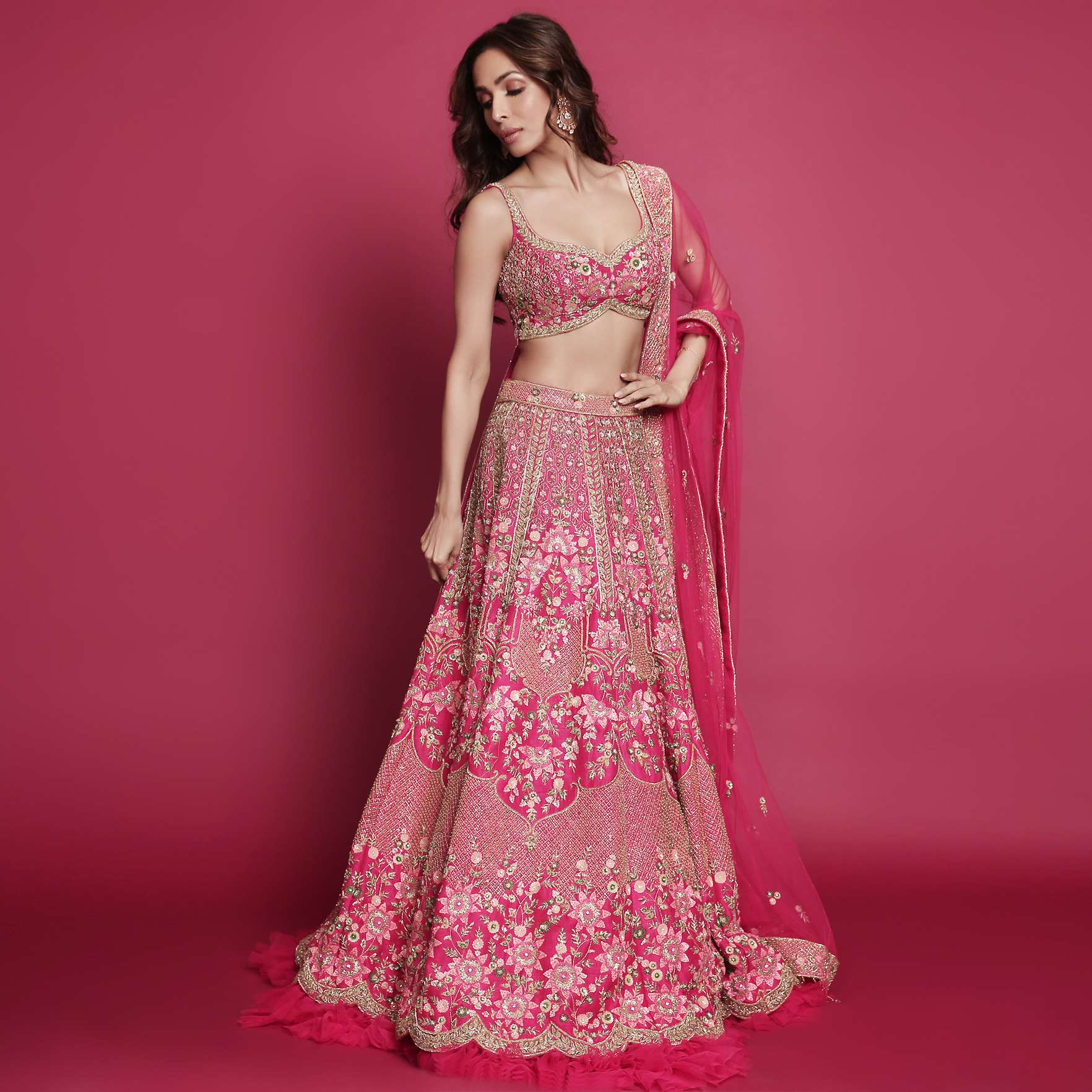 Malaika Arora In Kalki French Pink Raw Silk Heavy Embroidered Lehenga With Net Ruching