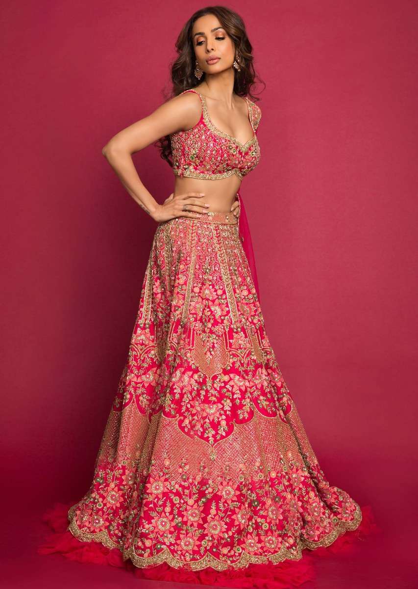 Malaika Arora In Kalki French Pink Raw Silk Heavy Embroidered Lehenga With Net Ruching