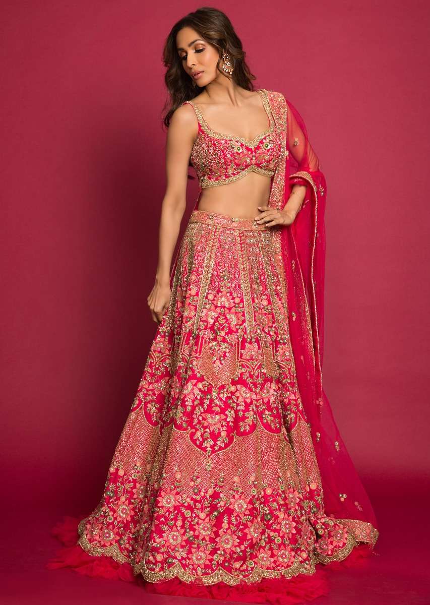 Malaika Arora In Kalki French Pink Raw Silk Heavy Embroidered Lehenga With Net Ruching