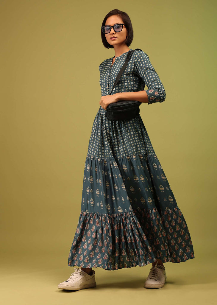 Indigo Blue Mandarin Tiered Dress In Cotton Silk With Floral Print And Mock Placket Online - RE By Kalki