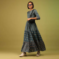 Indigo Blue Mandarin Tiered Dress In Cotton Silk With Floral Print And Mock Placket Online - RE By Kalki