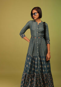 Indigo Blue Mandarin Tiered Dress In Cotton Silk With Floral Print And Mock Placket Online - RE By Kalki