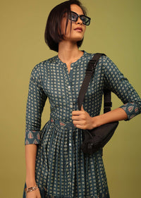 Indigo Blue Mandarin Tiered Dress In Cotton Silk With Floral Print And Mock Placket Online - RE By Kalki