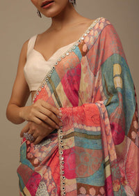 Marigold Orange Embroidered Muslin Saree With Floral Print And Scallop Borders