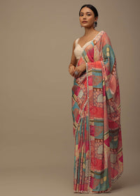 Marigold Orange Embroidered Muslin Saree With Floral Print And Scallop Borders