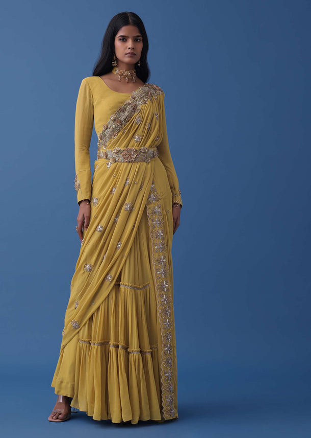 Marigold Yellow Embroidered Indowestern Set With Drape In Georgette