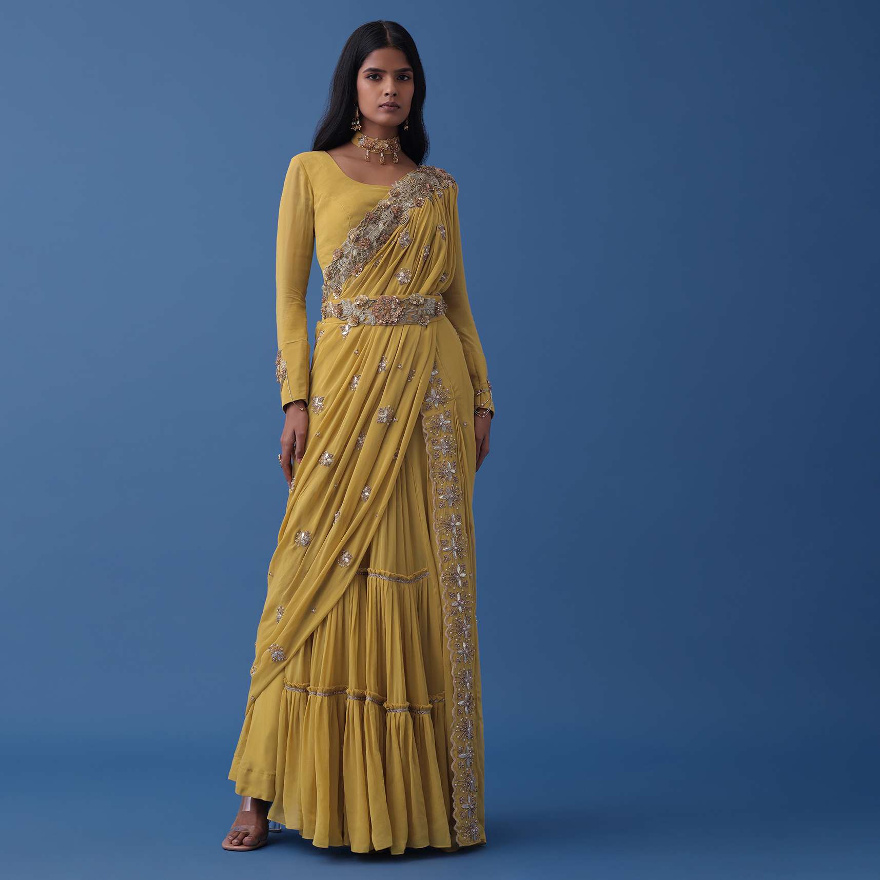 Marigold Yellow Embroidered Indowestern Set With Drape In Georgette