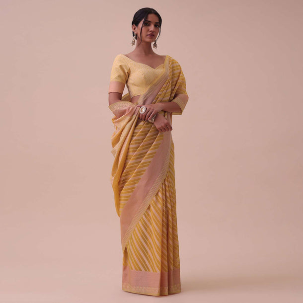 Marigold Yellow Handloom Chanderi Kora Silk Saree