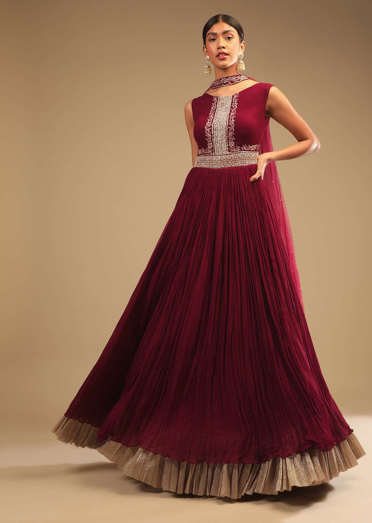 Maroon Anarkali Suit In Georgette With Cut Dana And Moti Embroidered Bodice And Metallic Frill On The Hemline