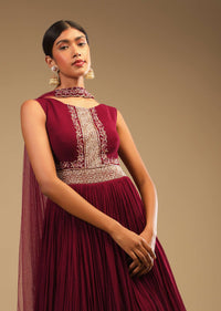 Maroon Anarkali Suit In Georgette With Cut Dana And Moti Embroidered Bodice And Metallic Frill On The Hemline