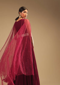 Maroon Anarkali Suit In Georgette With Cut Dana And Moti Embroidered Bodice And Metallic Frill On The Hemline