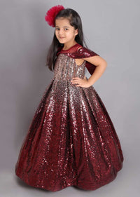 Maroon And Gold Ombre Gown In Sequins Fabric With Off Shoulder Neckline Online - Kalki Fashion