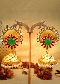 Maroon And Green Engraved Jhumkas In Floral Design With Kundan And Dangling Pearls Online - Kalki Fashion