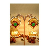 Maroon And Green Engraved Jhumkas In Floral Design With Kundan And Dangling Pearls Online - Kalki Fashion